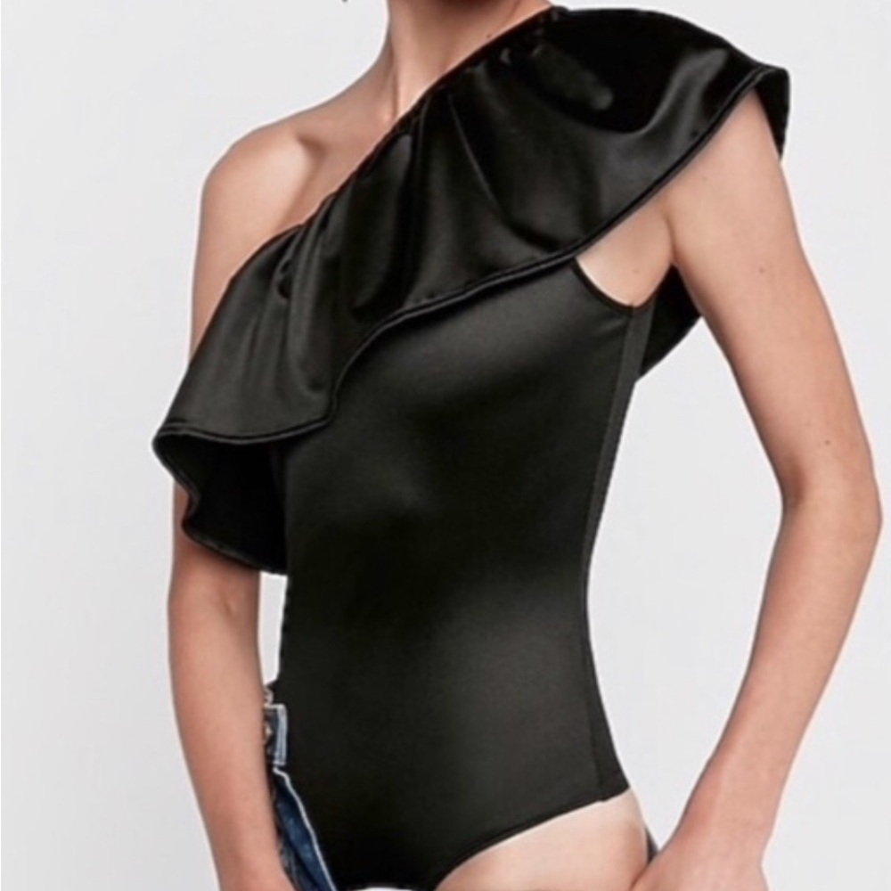 Express Black One-Shoulder Ruffle Bodysuit